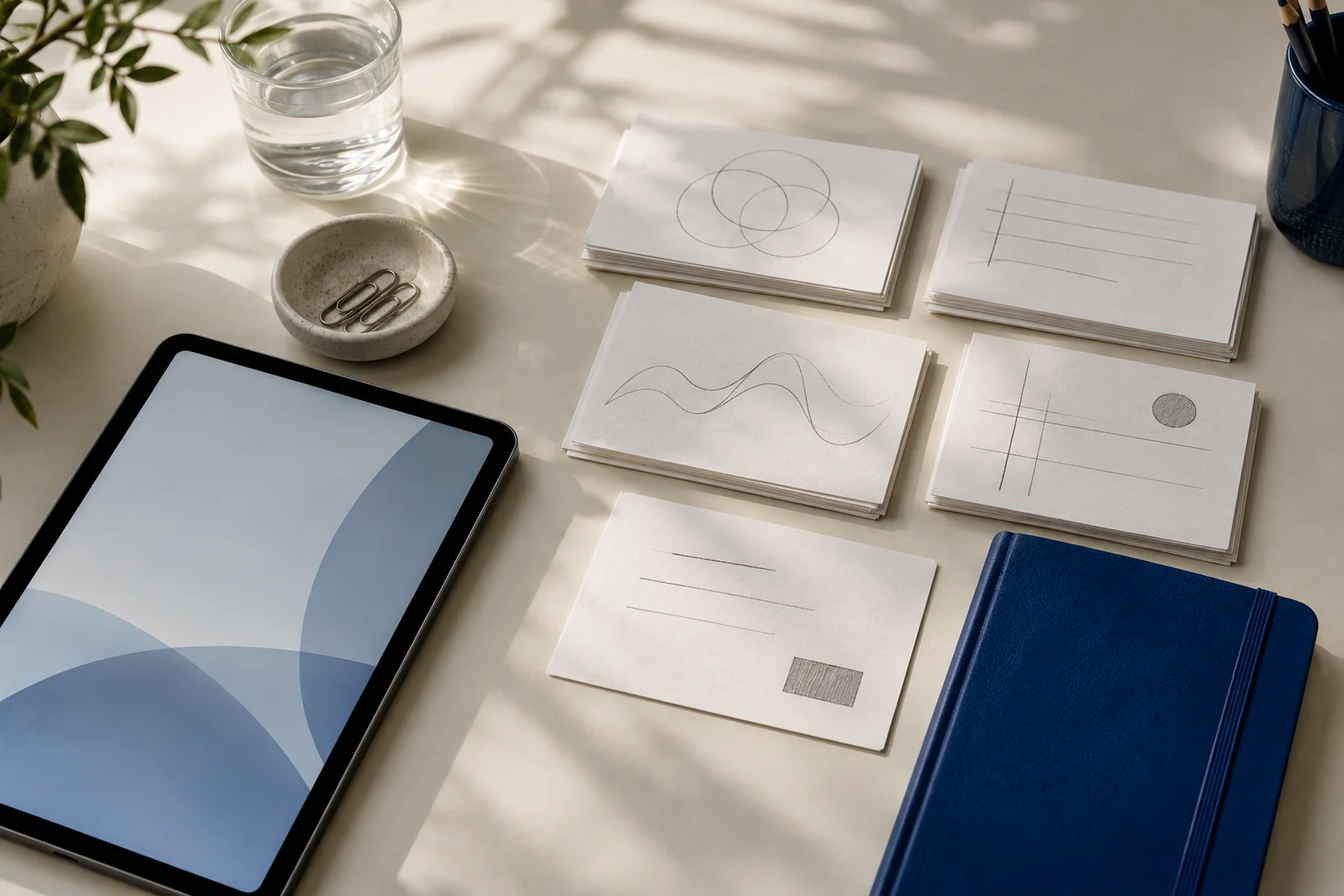 Illustrative research desk with a notebook, tablet, and organized study cards