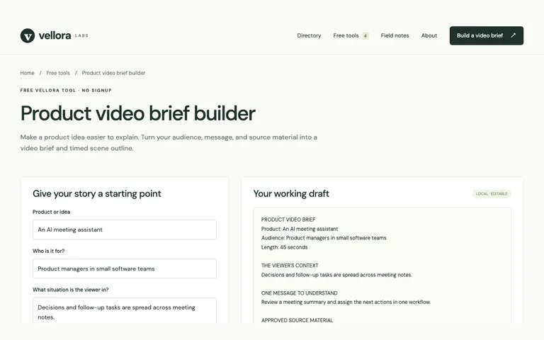 Actual Vellora video brief tool showing its input and draft panels